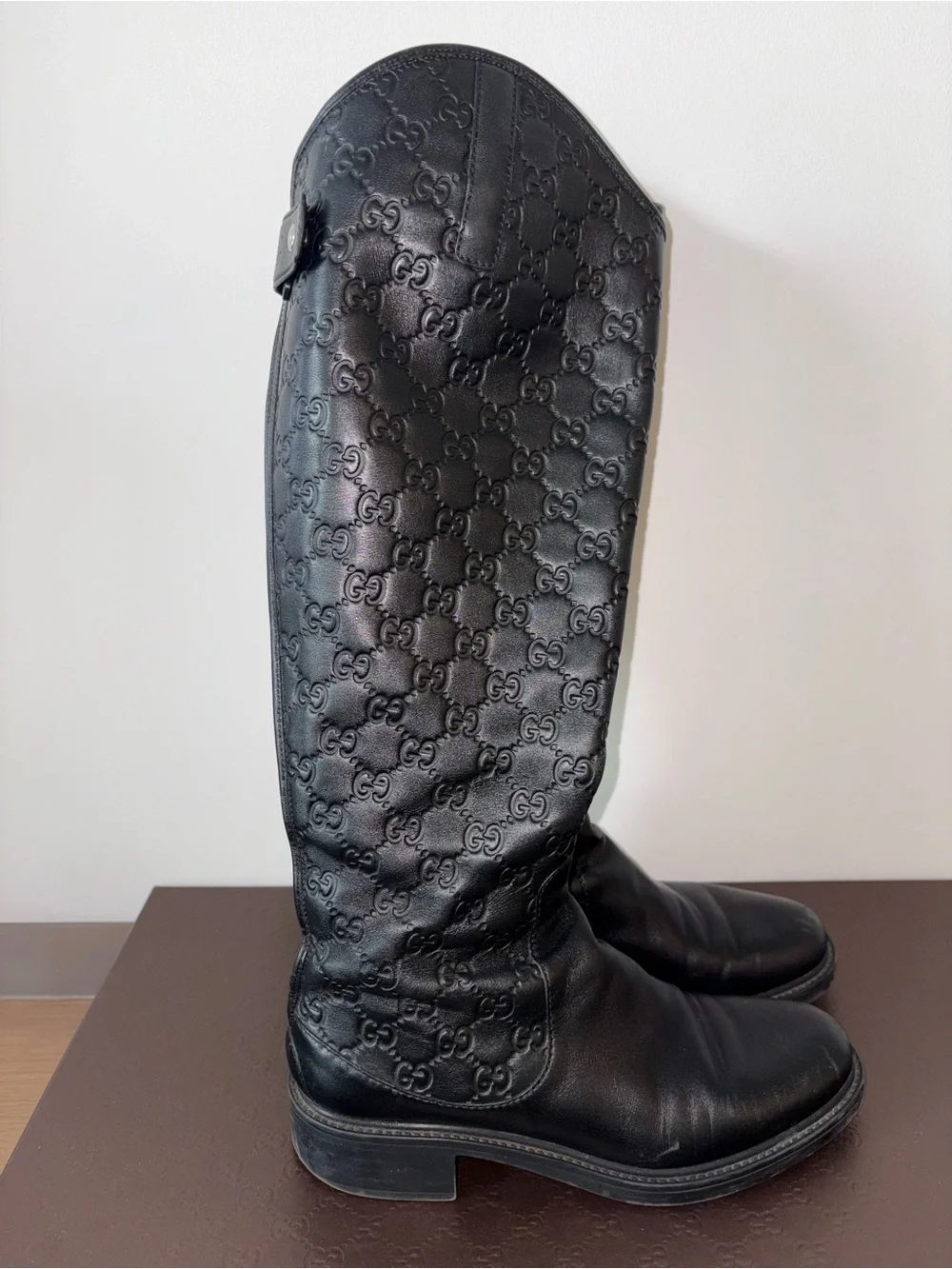 of Gucci Black Guccissima Soft Leather Knee-High Riding Boots Embossed GG